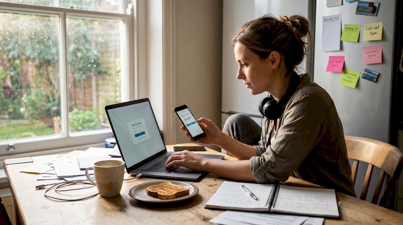 Woman uses two factor authentication at kitchen table