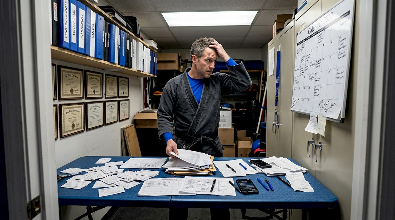 Instructor handles cluttered paper management