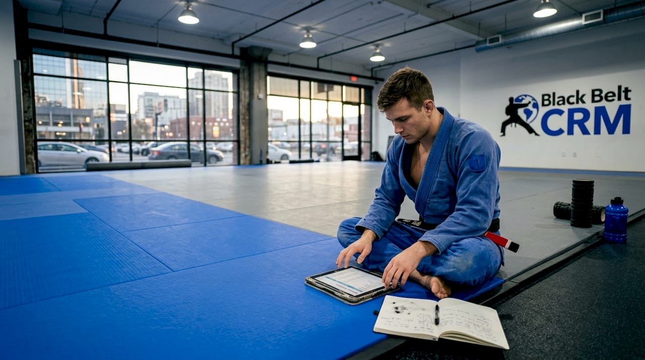 BJJ instructor reviewing expenses on empty mats