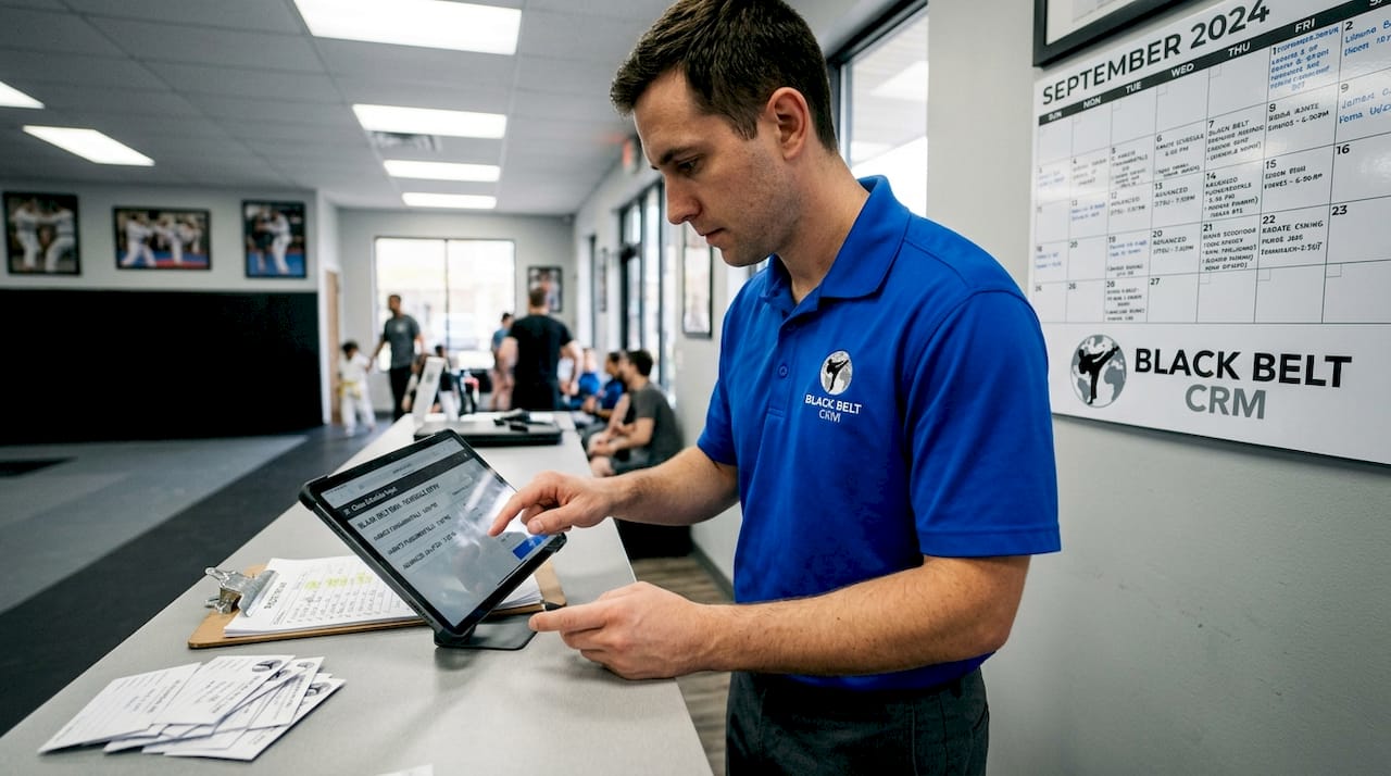Staff member schedules martial arts classes on tablet