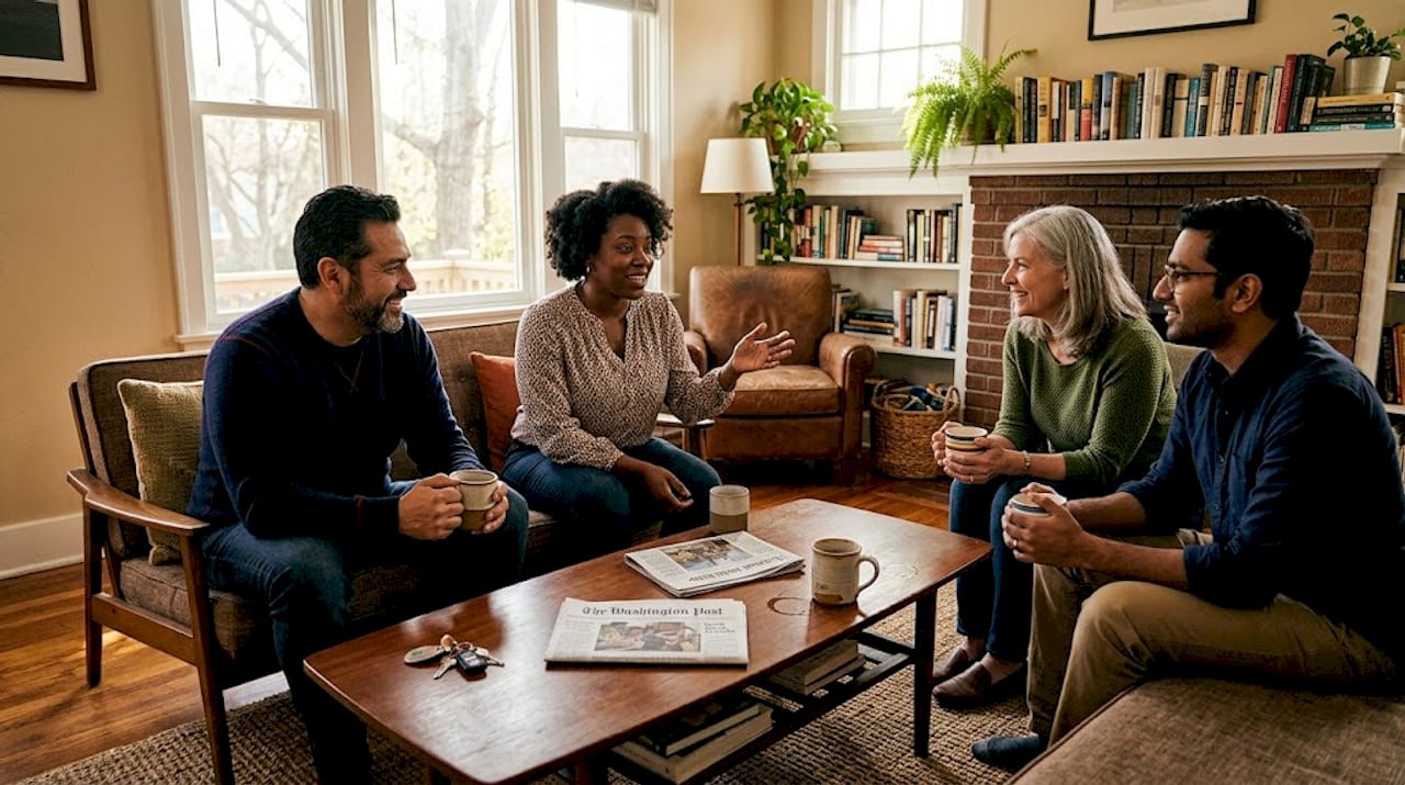 Adults discussing in comfortable living room