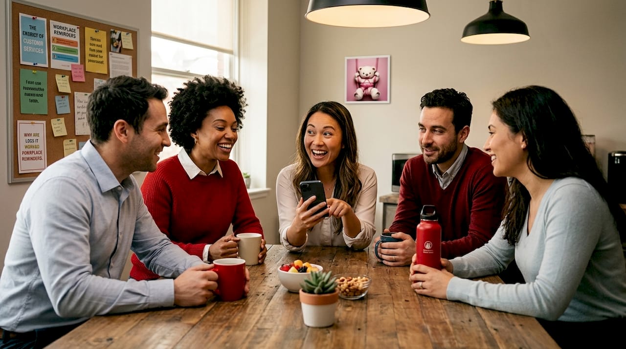 Coworkers chatting informally in break room