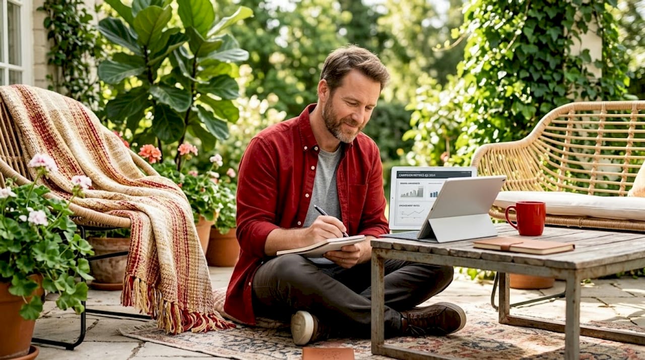 Marketer brainstorming ad ideas in living room