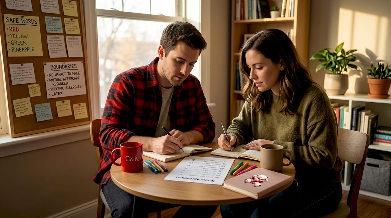 Two people reviewing consent checklist in office