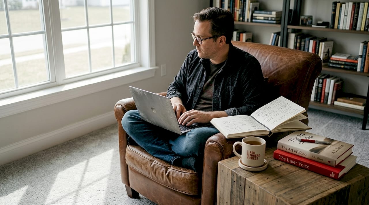 Writer typing on sofa with notepad and tea