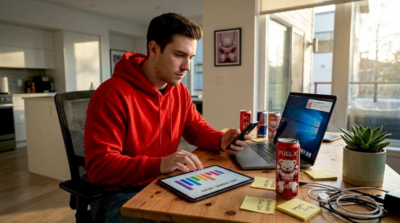 Man managing social media on multiple devices