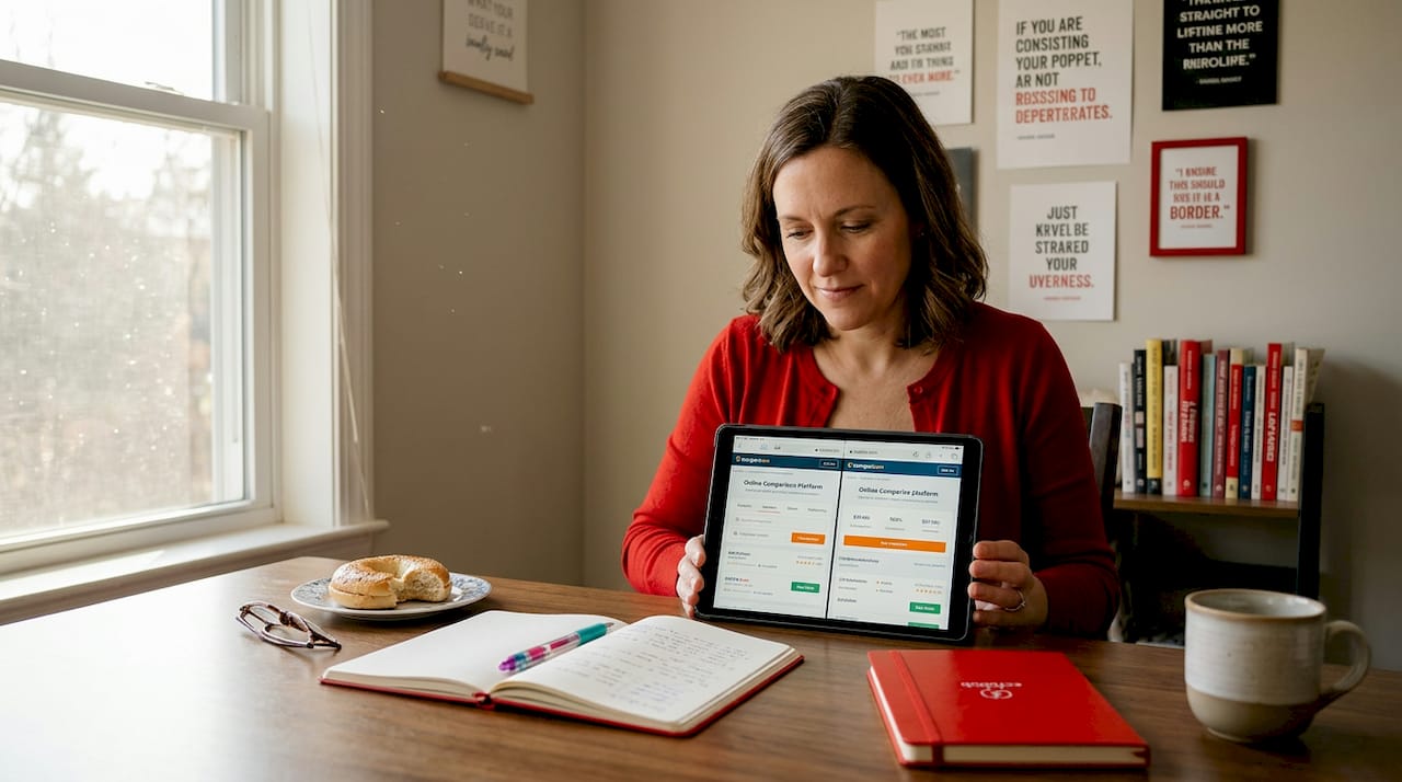 Woman researching online platforms at kitchen table