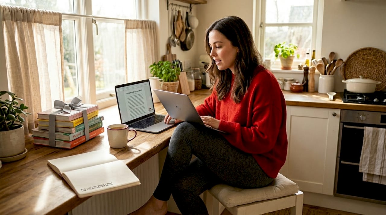 Seller reading listing draft aloud in living room workspace