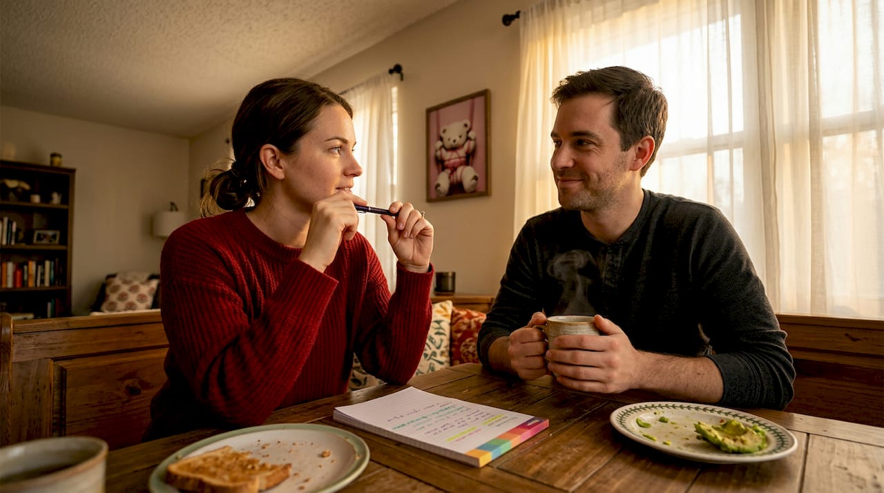 Couple talking at casual kitchen table