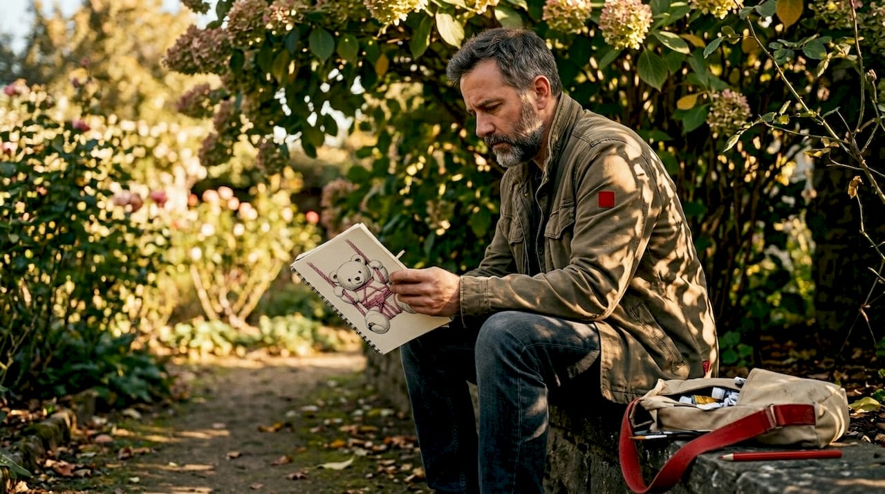 Pensive adult artist seated outdoors, reflective mood