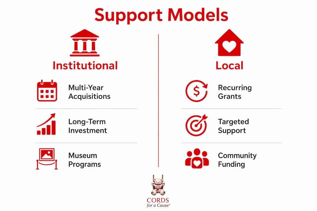 Infographic comparing institutional versus local artist support models