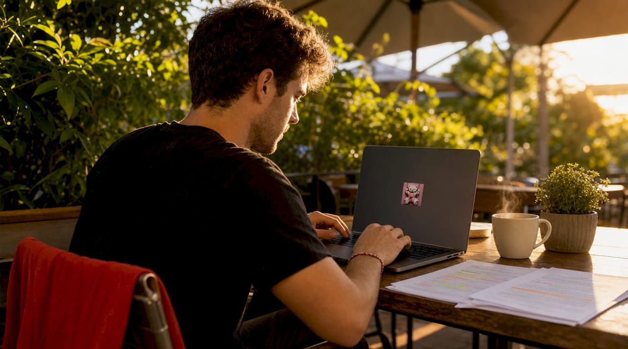 Man typing compliant ad copy at home desk