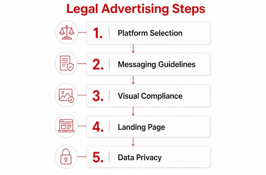 Infographic outlining legal advertising steps for adult services