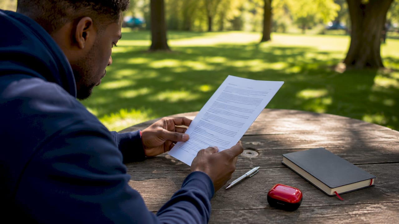 Hands holding printed privacy agreement on table