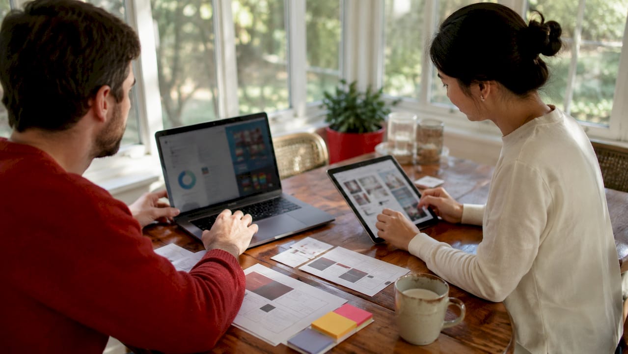 Hands reviewing digital artist portfolio layouts