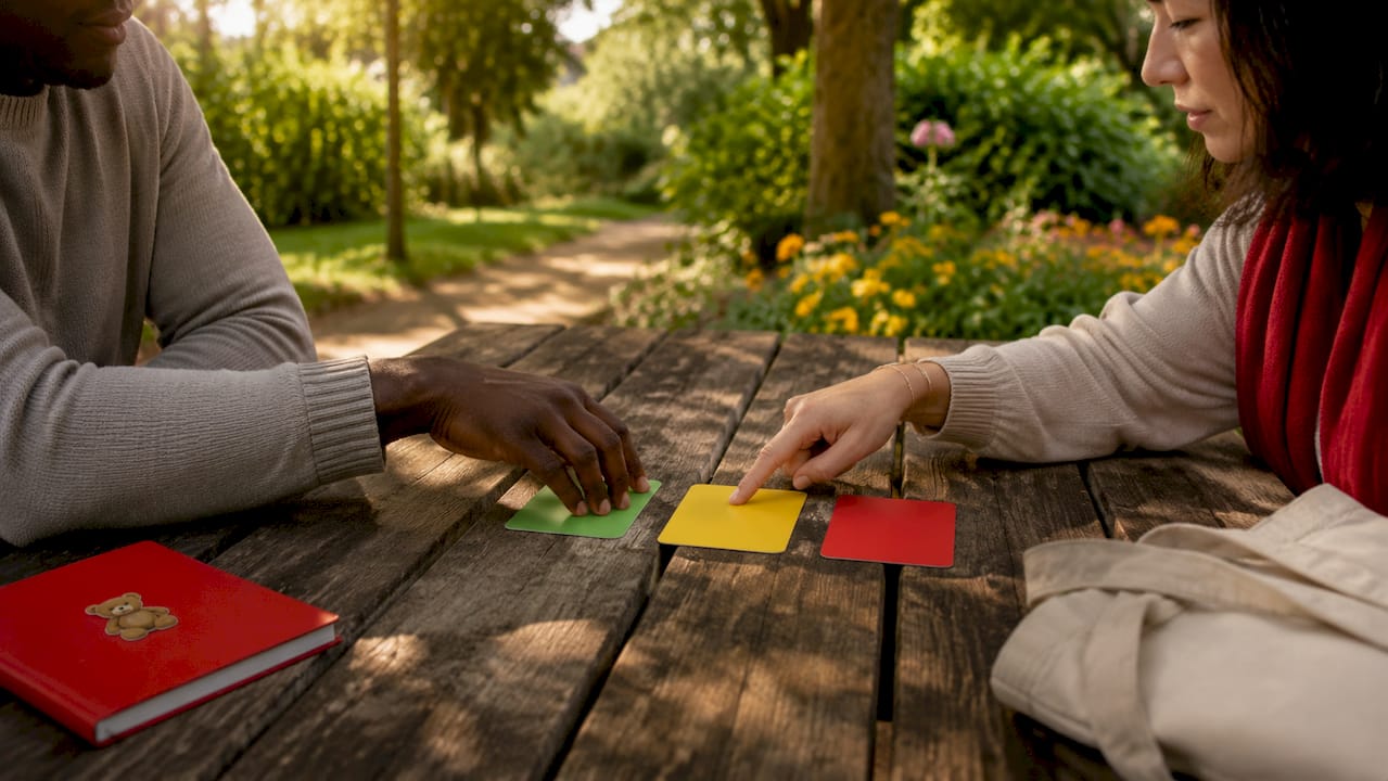 Hands exchanging colored cards for kink communication