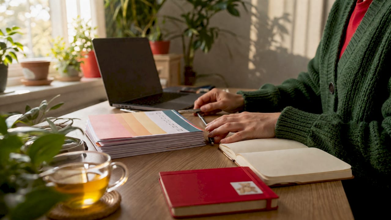 Hands organizing profile update materials on desk