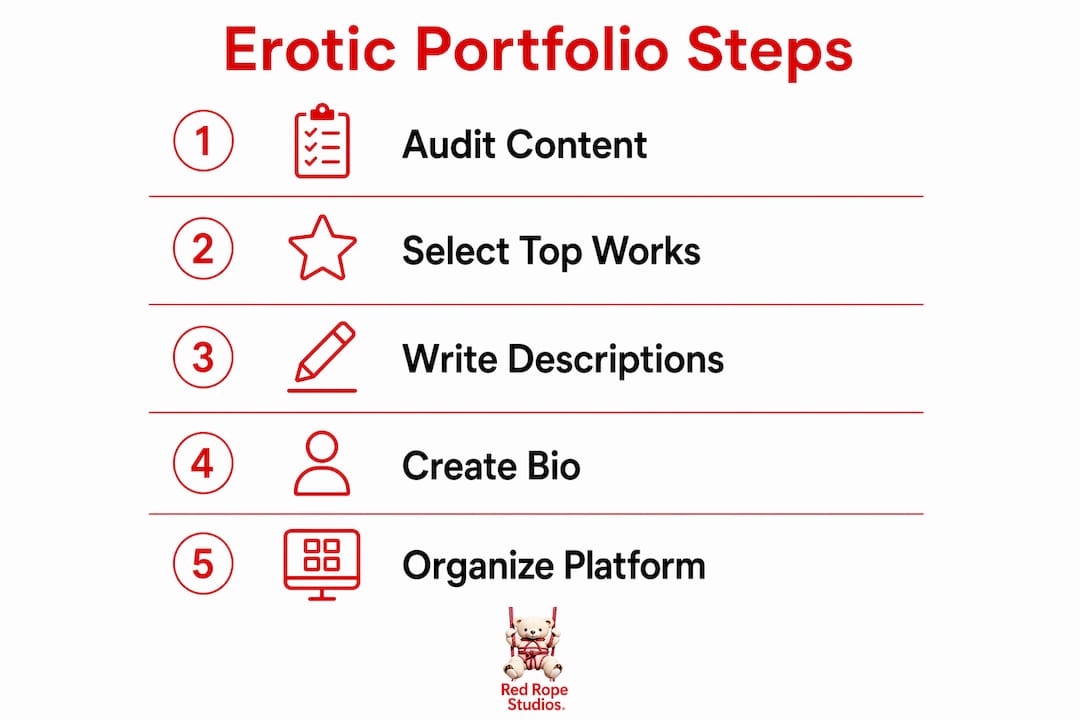 Infographic illustrating five steps to create an erotic portfolio