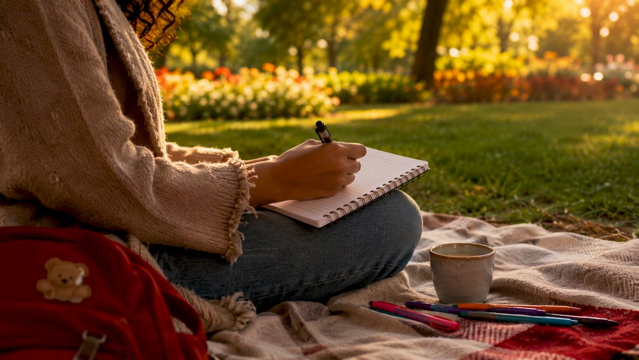 Hands journaling self-reflection in notebook