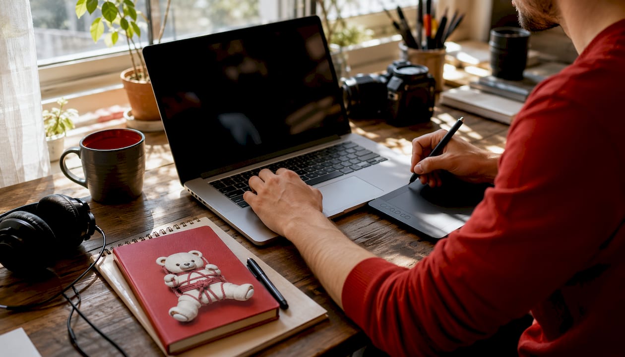 Photographer editing erotic images on laptop