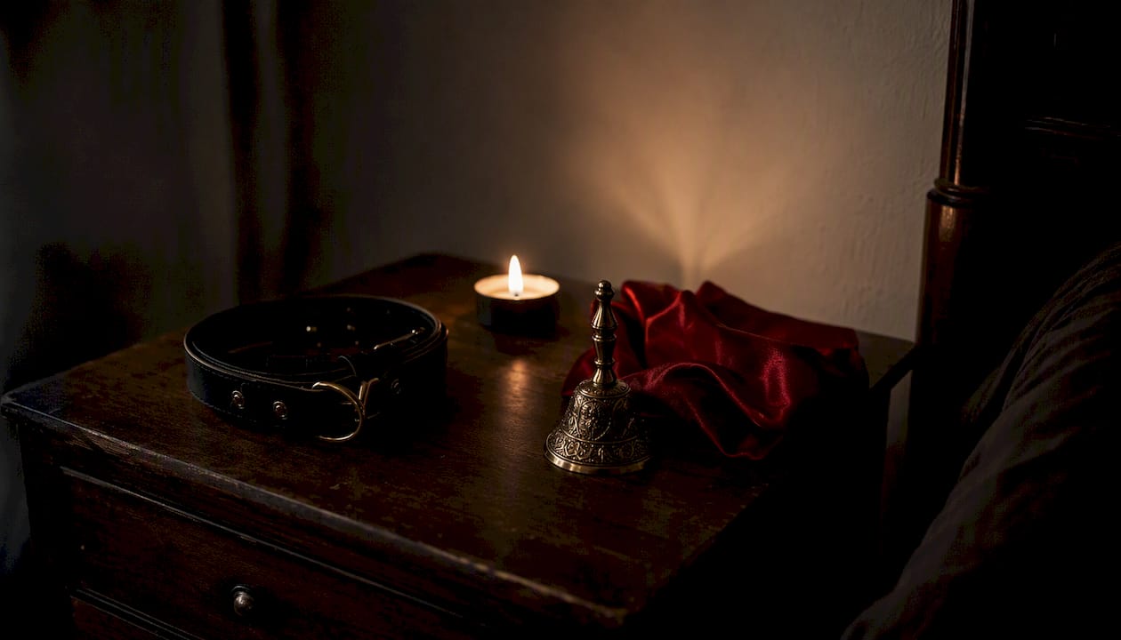 Table with submissive ritual objects in soft light