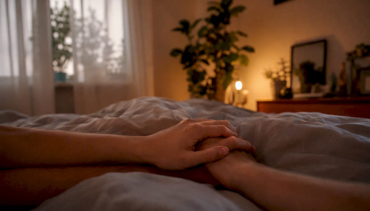 Hands entwined tenderly on bed