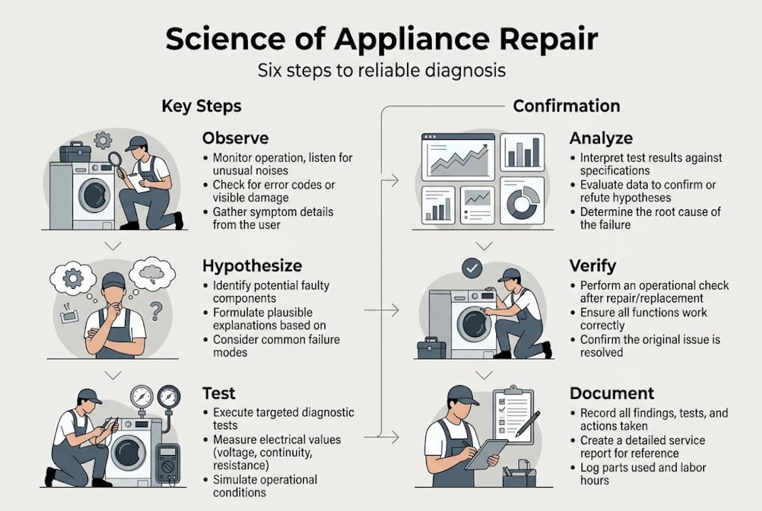 Infographic with six troubleshooting steps categories