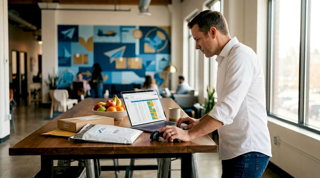 Man checks automated shipping manifest on office computer