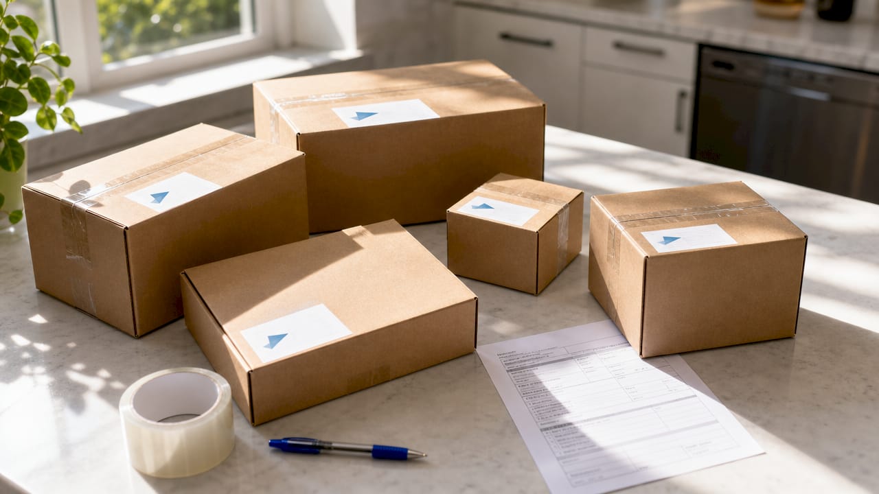 Standard shipping parcels on wooden table