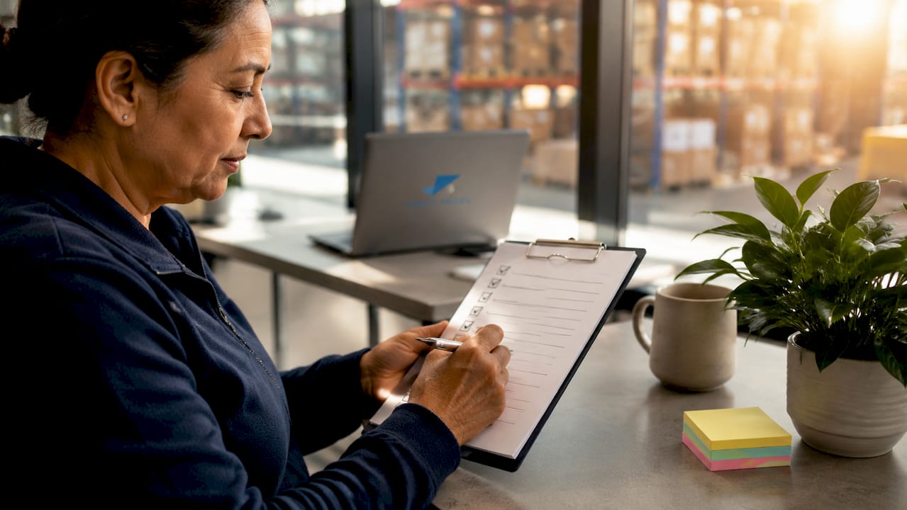 Delivery coordinator marking fast delivery checklist