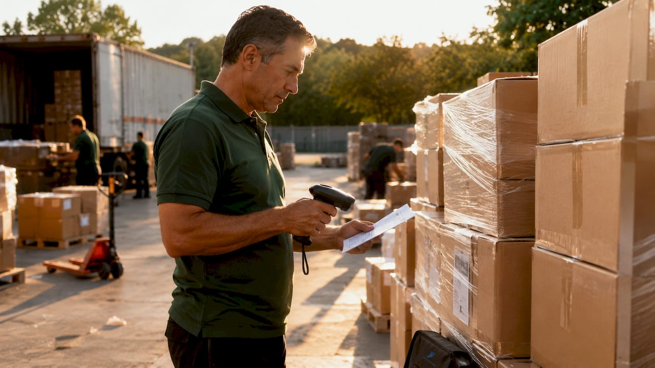 Warehouse worker scanning shipping label on packed box