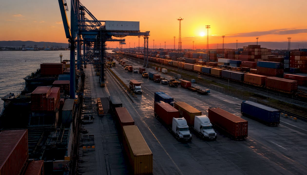 Freight terminal with ship, train, and trucks