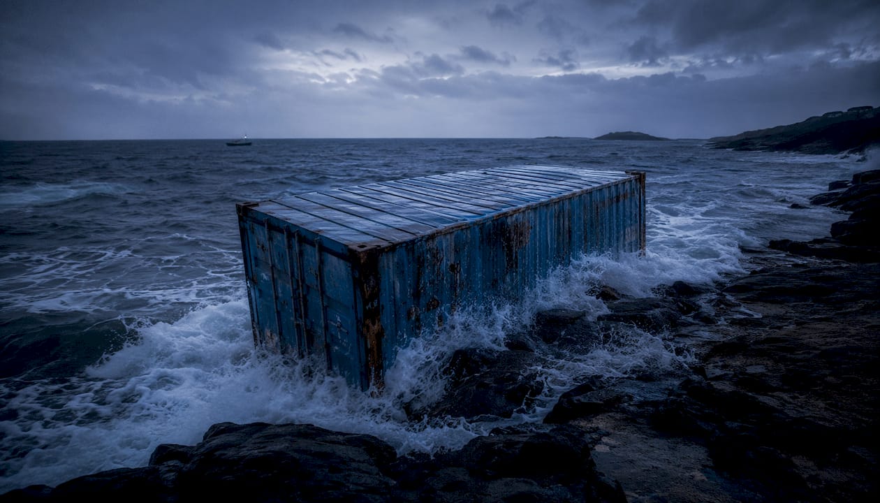 Storm-damaged cargo container at port
