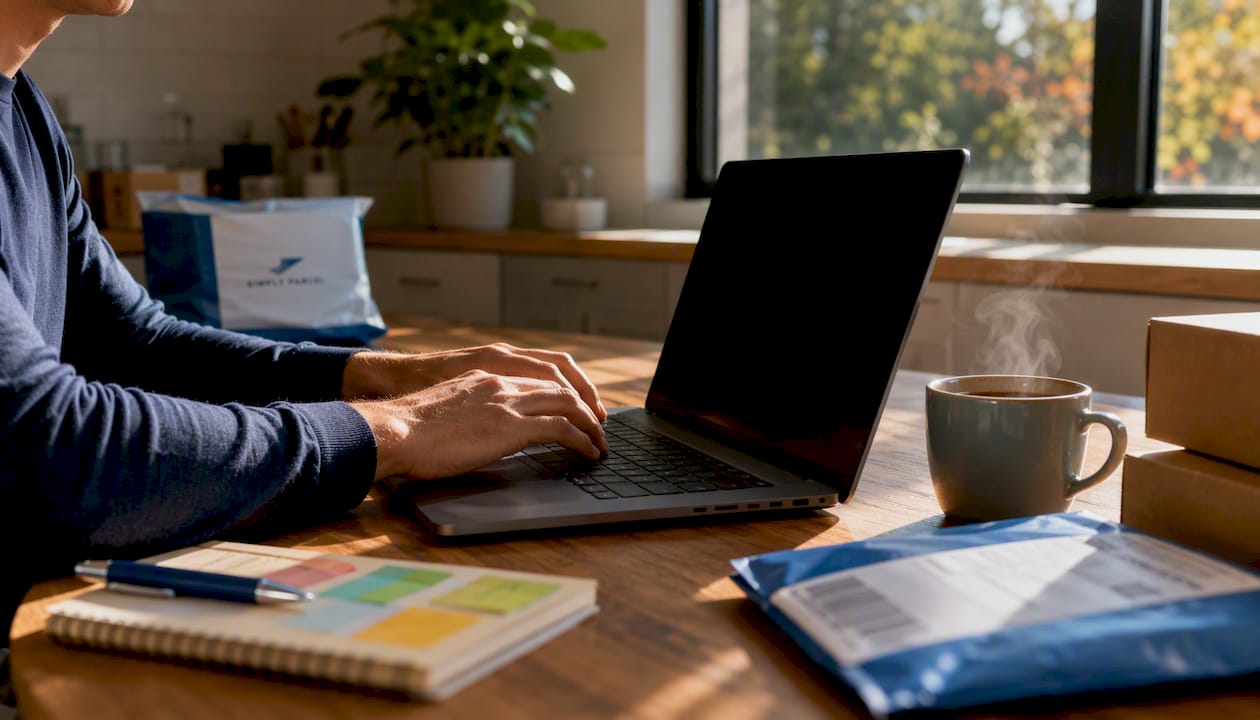 Hands typing on laptop in logistics home office