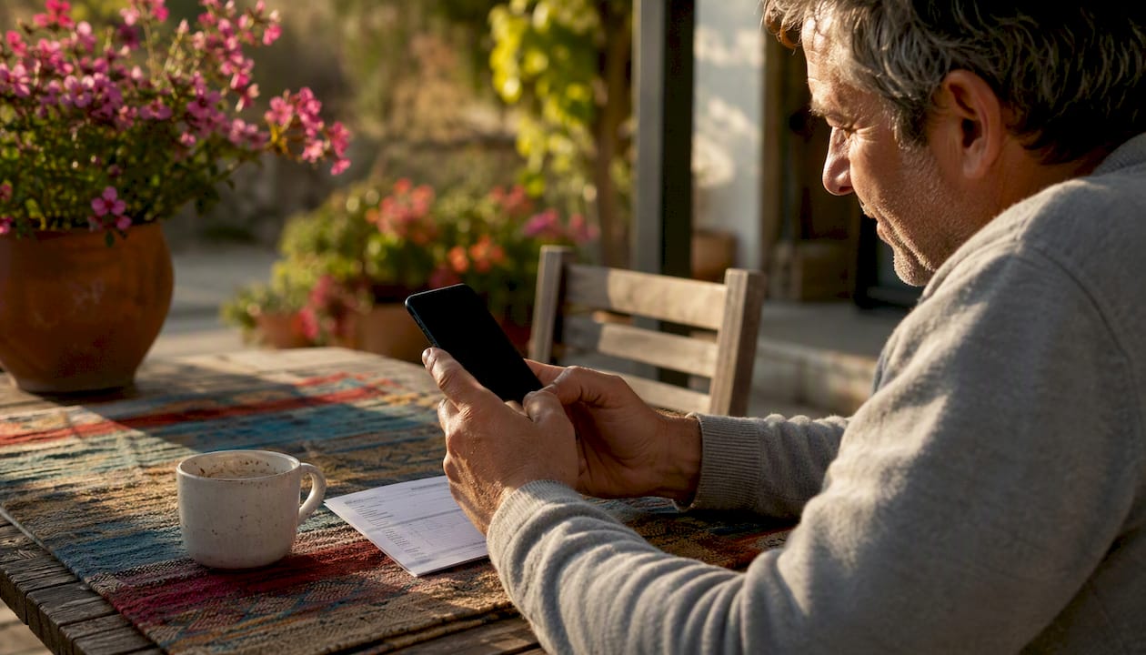 Hands holding phone and shipping receipt outdoors