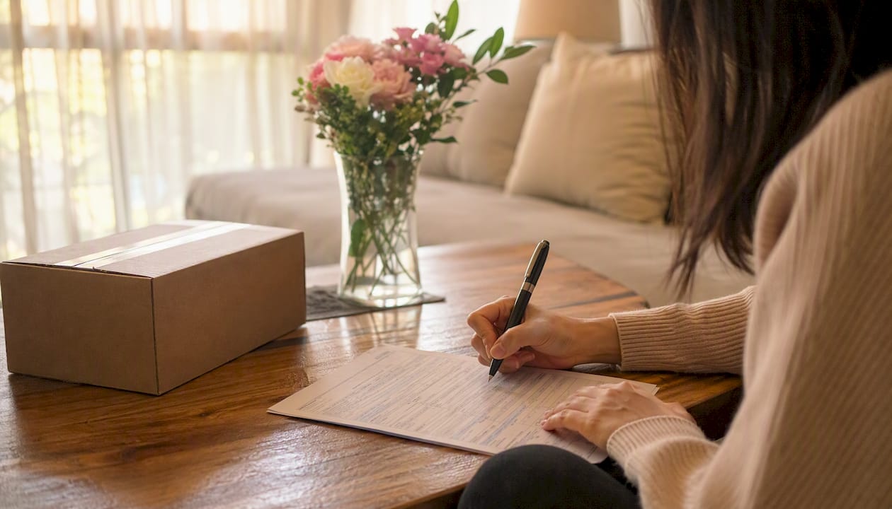 Hands filling customs declaration form