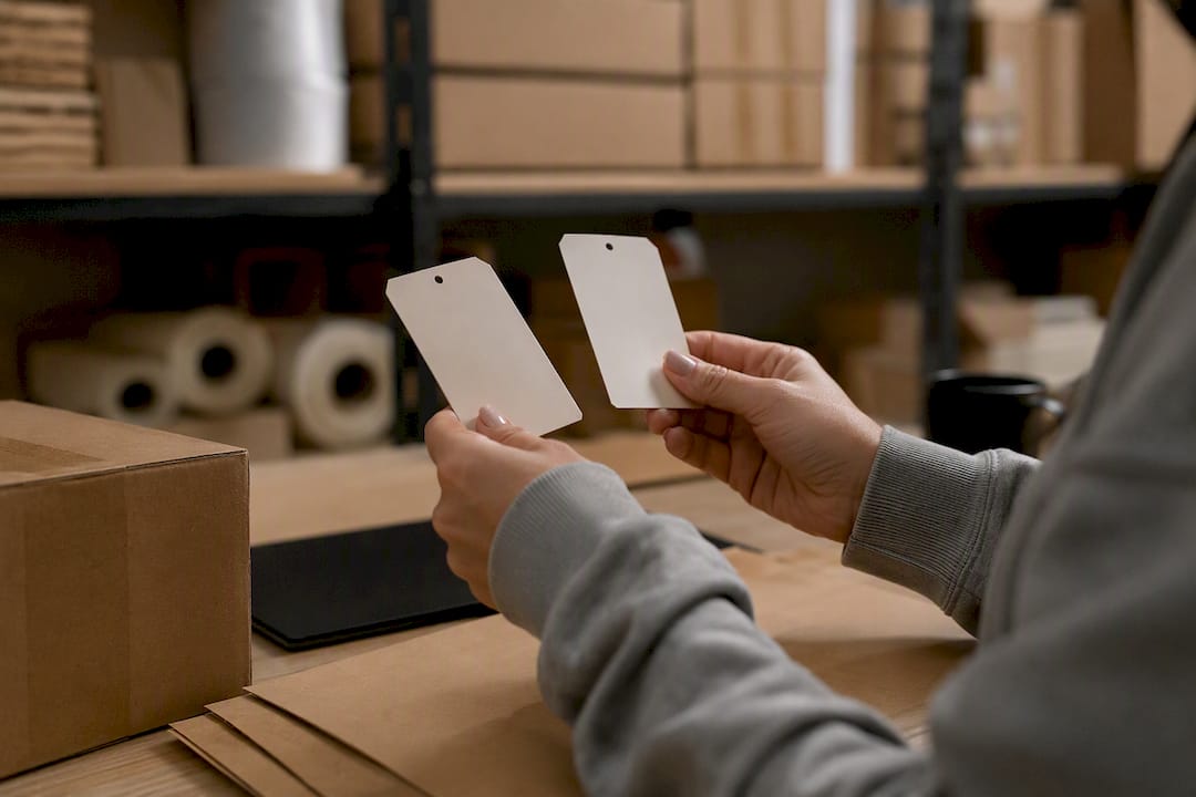 Hands comparing product tags for HS code