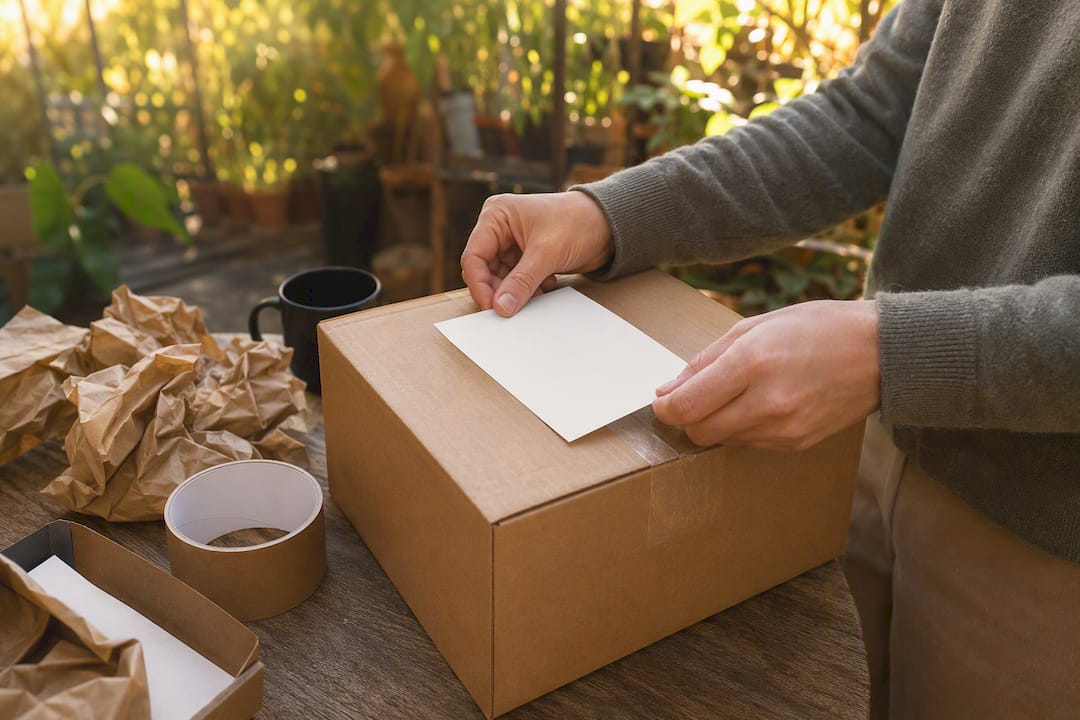 Hands attaching shipping label to parcel