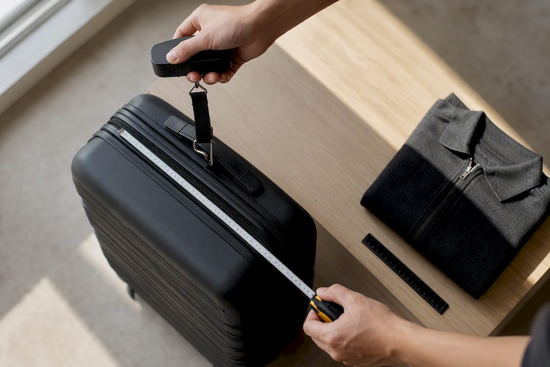 Hands measuring suitcase before shipment