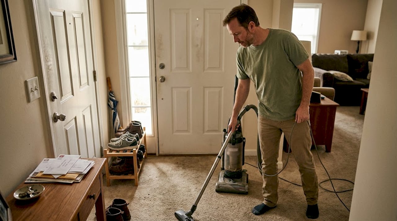 Man vacuuming entryway for regular home cleaning