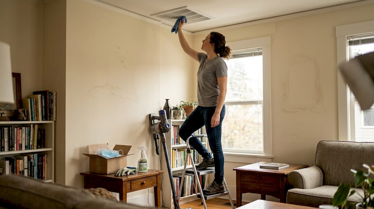 Person dusting ceiling vent cover at home