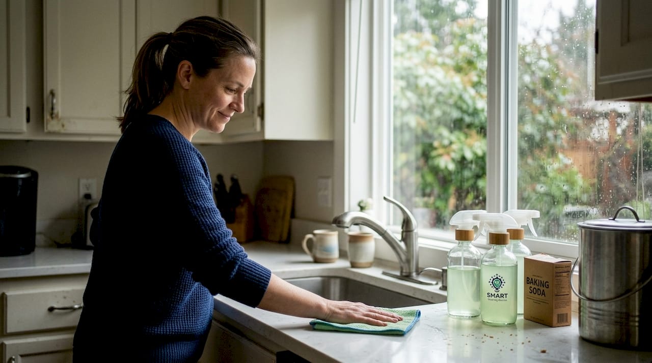 Woman cleaning Seattle kitchen with green products