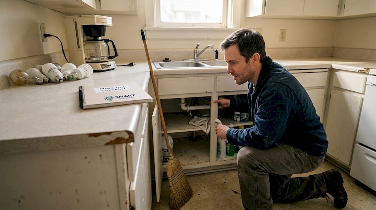 Man cleaning under kitchen cabinet in rental