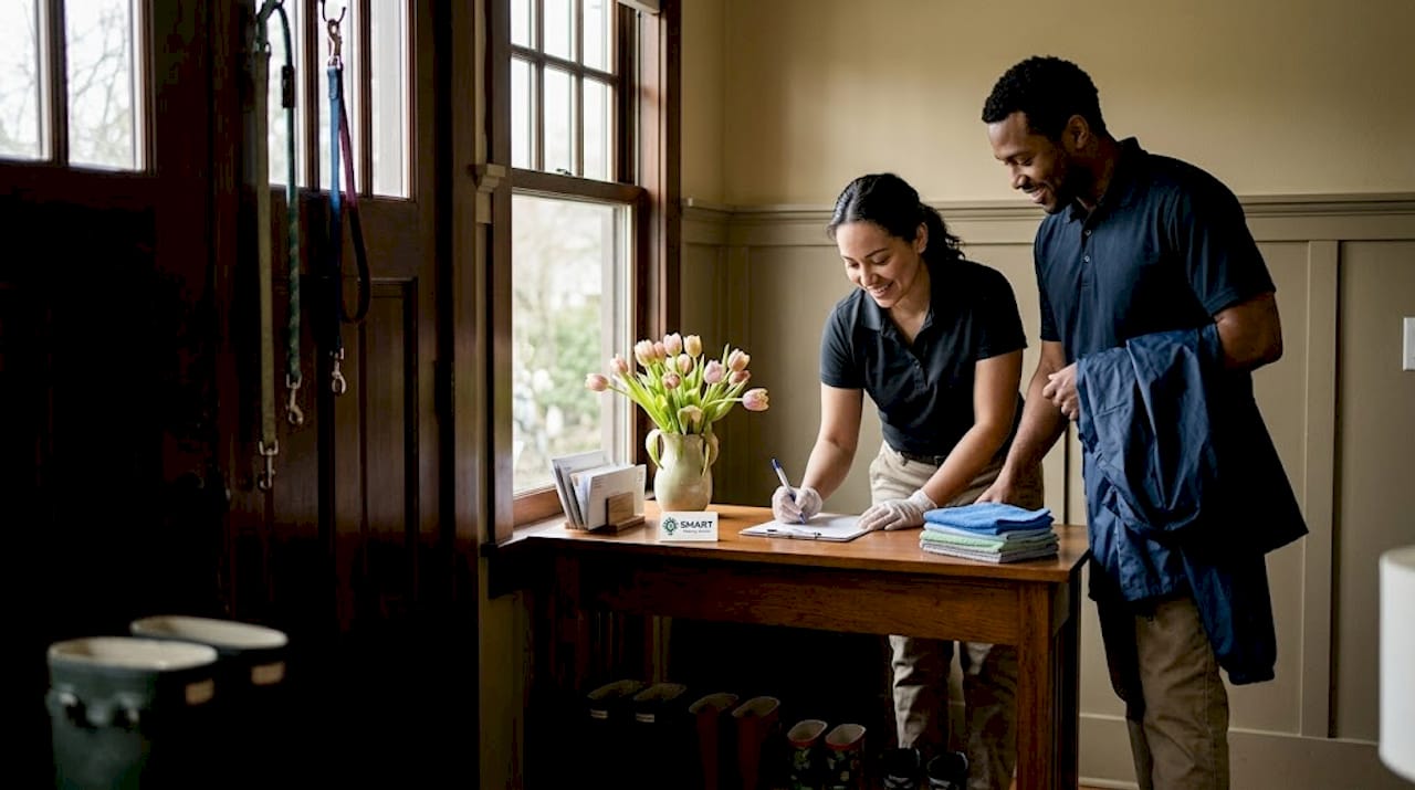 Recurring cleaning team checking task list in entryway