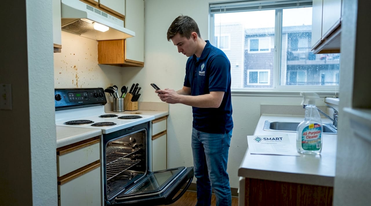 Worker documenting oven cleaning process