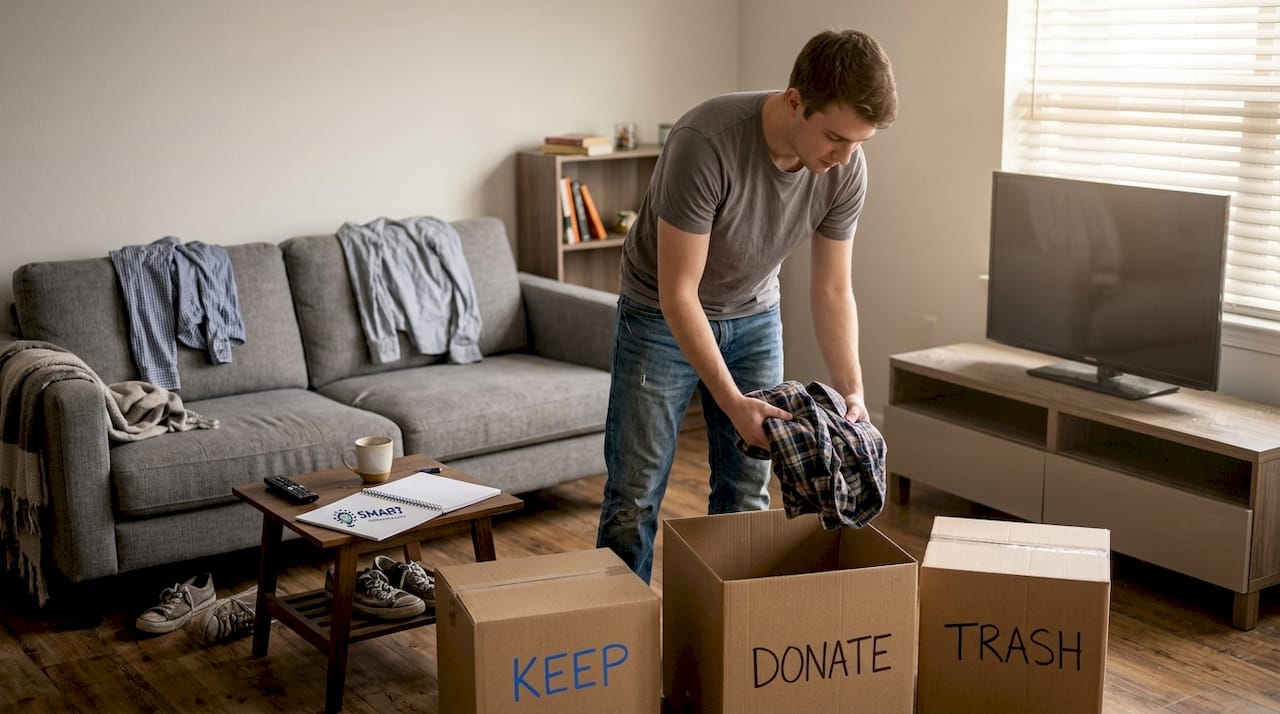 Man sorting belongings in cluttered apartment living room