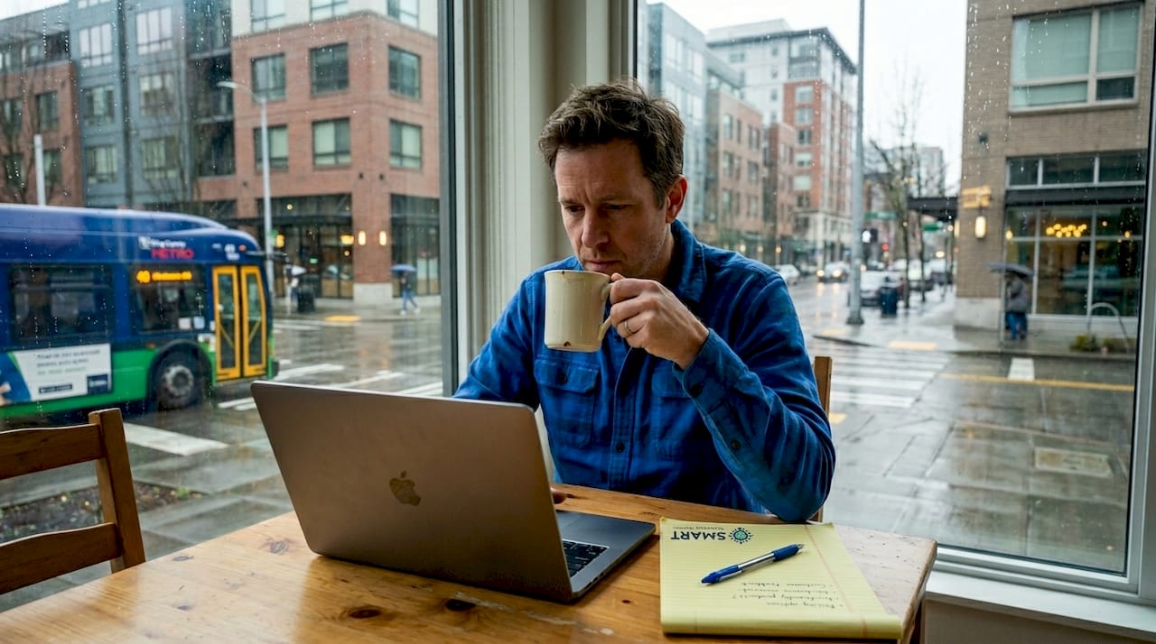 Man researching cleaning companies at home
