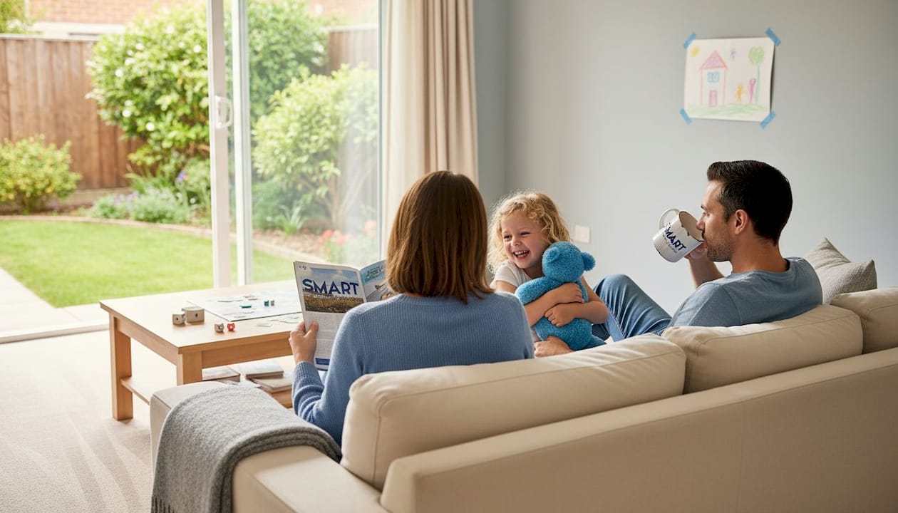 Family relaxing in clean sunlit living room