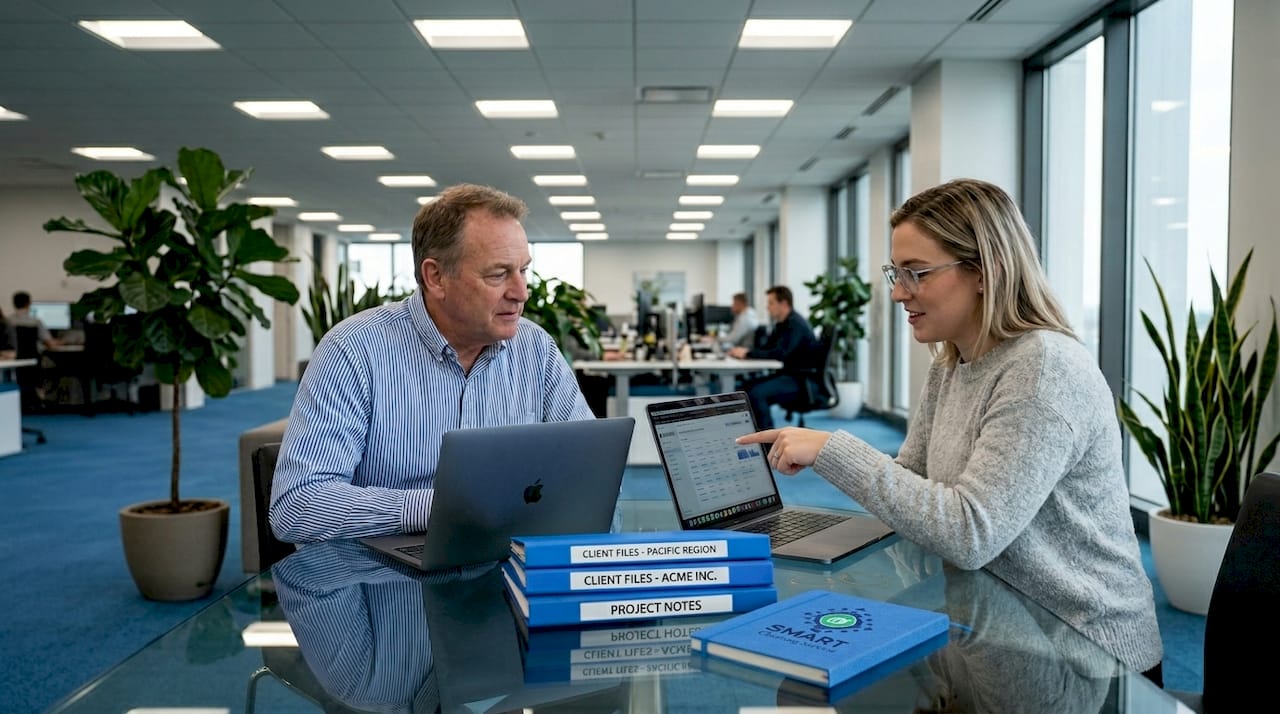 Employees collaborating in clean office space