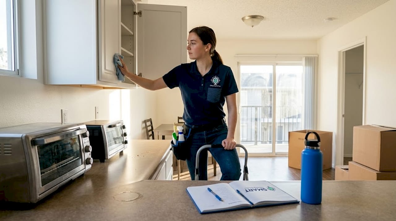 Cleaner detailing kitchen cabinet with checklist visible